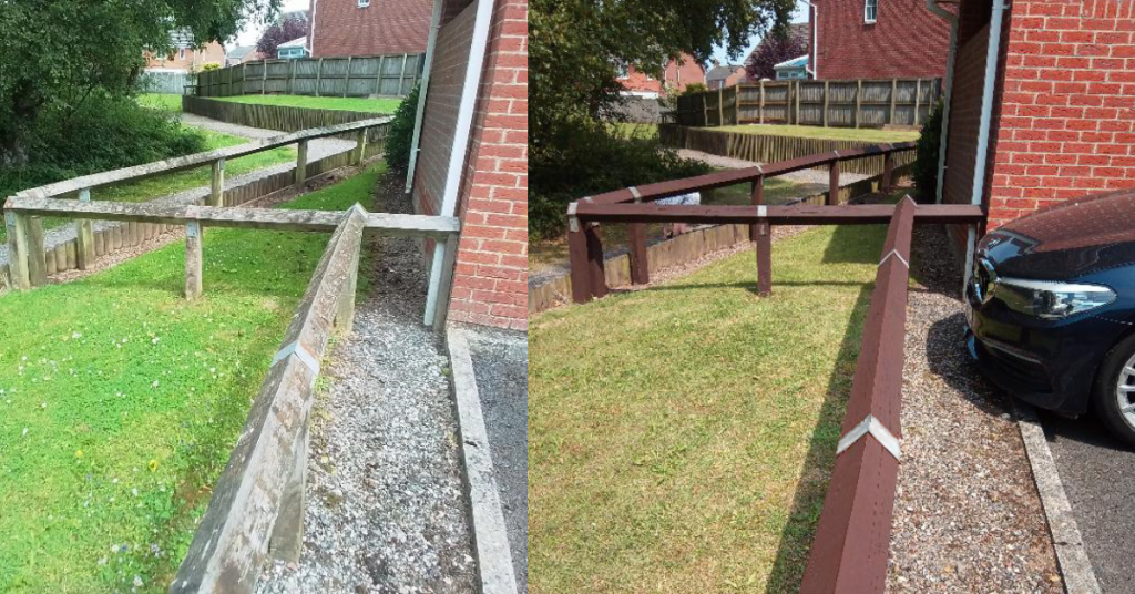 Before and after of a fenced area on a residential estate that has been stained. The look is much improved.